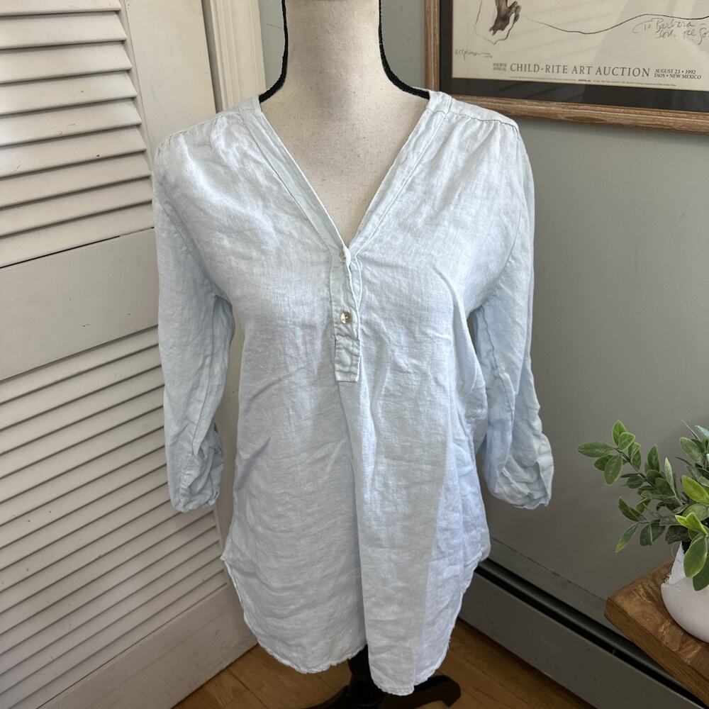 Rosemarine Tunic Small Blue Linen Roll Tab Sleeve Minimalist Coastal Beach Italy
